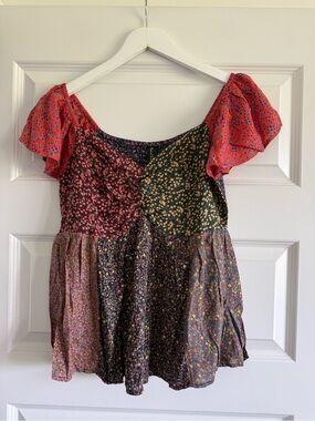 Sacred Threads Boho Hippie Patchwork Babydoll Smocked Top NWT